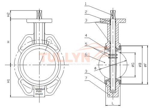 Al Bronze Wafer type marine butterfly valve drawing1